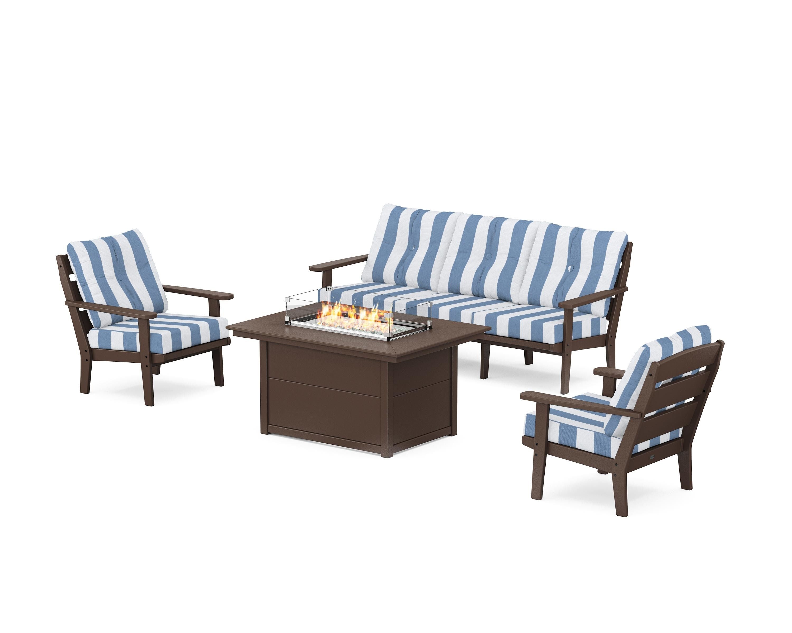 POLYWOOD® Lakeside Deep Seating Fire Pit Table Set in Mahogany / Cabana Stripe Sky Blue