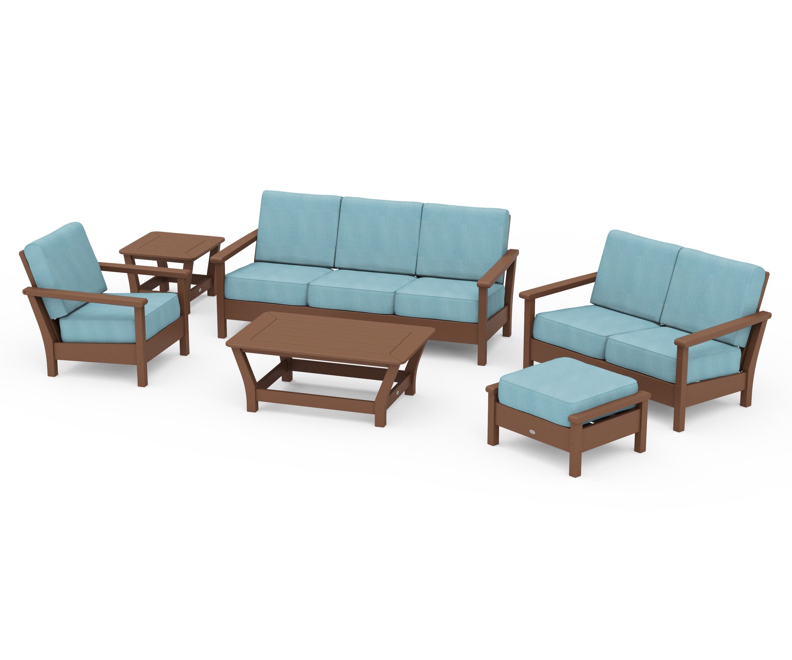 POLYWOOD® Harbour 6-Piece Outdoor Living Set in Teak / Lattice Sky Blue
