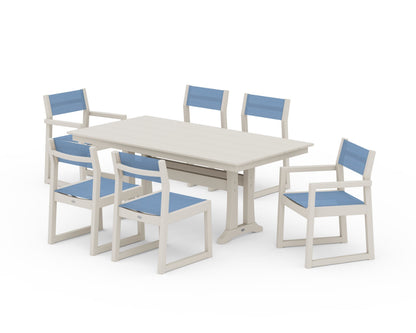 POLYWOOD® EDGE Sling 7-Piece Farmhouse Trestle Dining Set in Sand / Poolside Sling