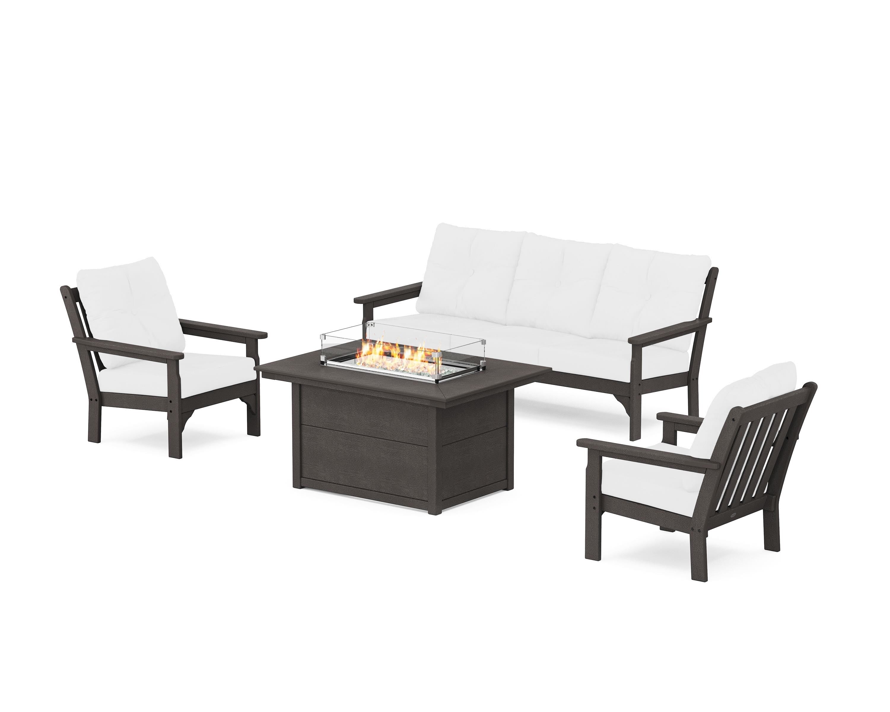 POLYWOOD® Vineyard Deep Seating Fire Pit Table Set in Vintage Coffee / Natural