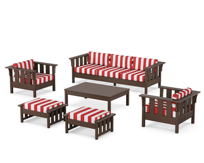 Martha Stewart by POLYWOOD® Acadia 6-Piece Lounge Sofa Set in Mahogany / Cabana Stripe Crimson