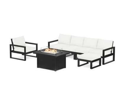 POLYWOOD® EDGE Sectional Lounge and Fire Pit Set in Black / Natural Linen