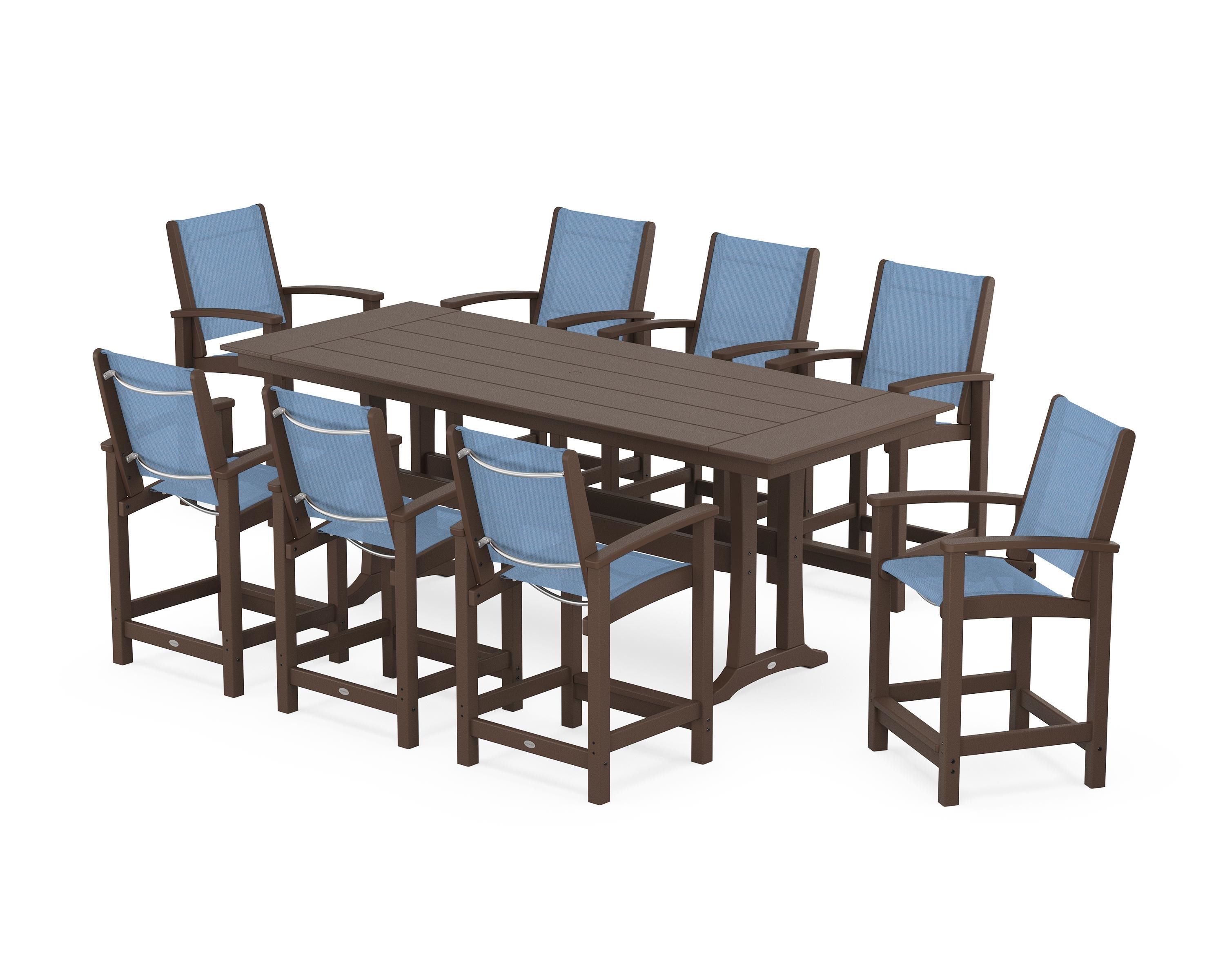 POLYWOOD® Coastal 9-Piece Farmhouse Counter Set with Trestle Legs in Mahogany / Poolside Sling