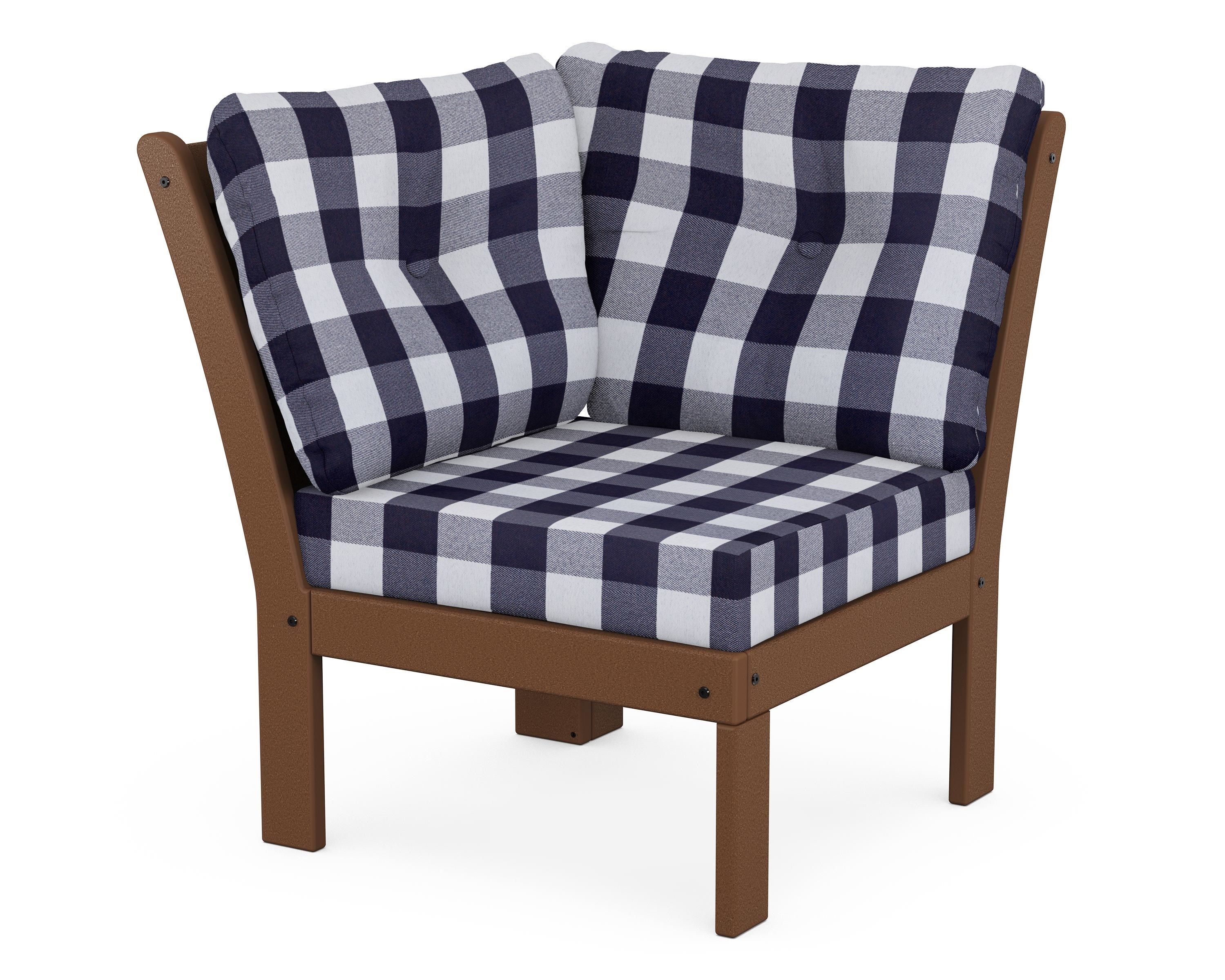 POLYWOOD® Vineyard Modular Corner Chair in Teak / Buffalo Plaid Navy