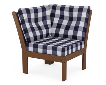 POLYWOOD® Vineyard Modular Corner Chair in Teak / Buffalo Plaid Navy