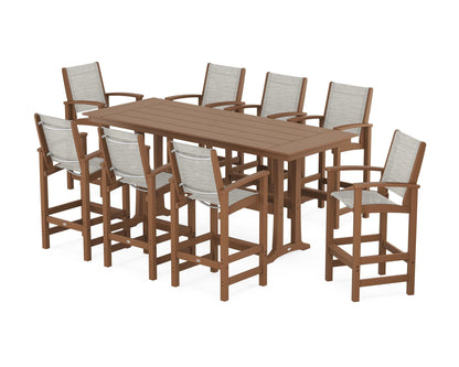 POLYWOOD® Coastal 9-Piece Farmhouse Bar Set with Trestle Legs in Teak / Birch Sling