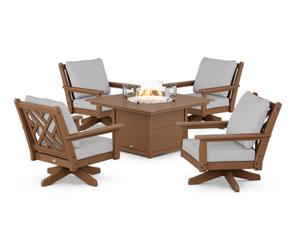 POLYWOOD® Chippendale 5-Piece Deep Seating Swivel Conversation Set with Fire Pit Table in Teak / Granite