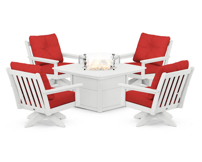 POLYWOOD® Vineyard 5-Piece Deep Seating Swivel Conversation Set with Fire Pit Table in White / Crimson Linen
