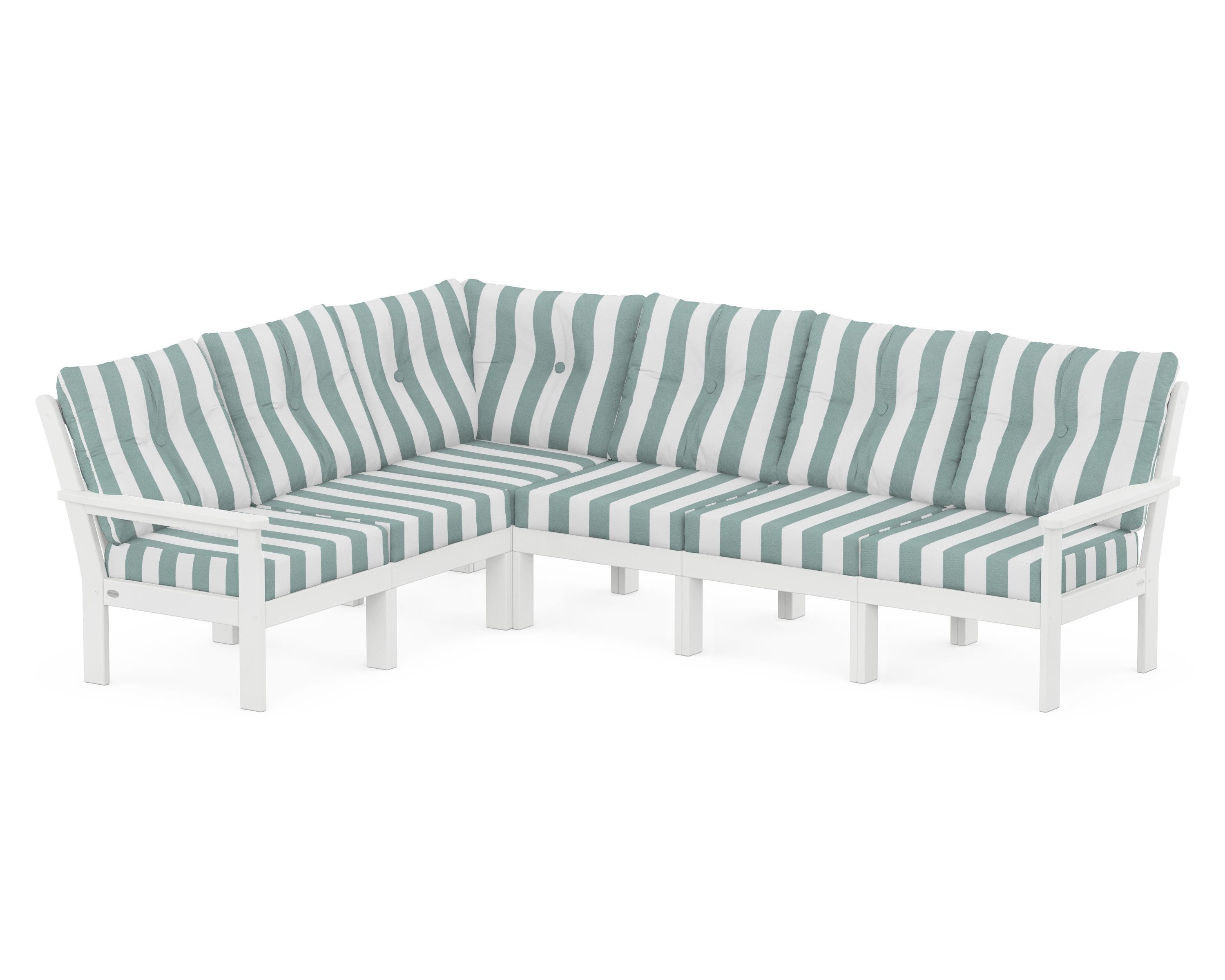 POLYWOOD® Vineyard 6-Piece Sectional in White / Cabana Stripe Glacier Spa