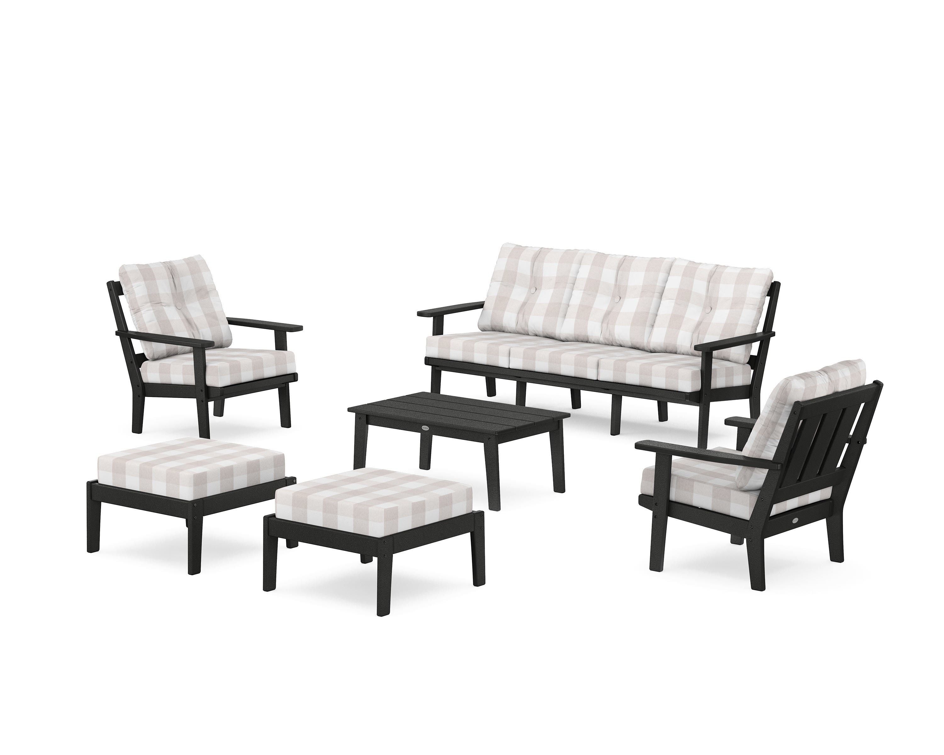 POLYWOOD® Oxford 6-Piece Lounge Sofa Set in Black / Buffalo Plaid Dune Burlap