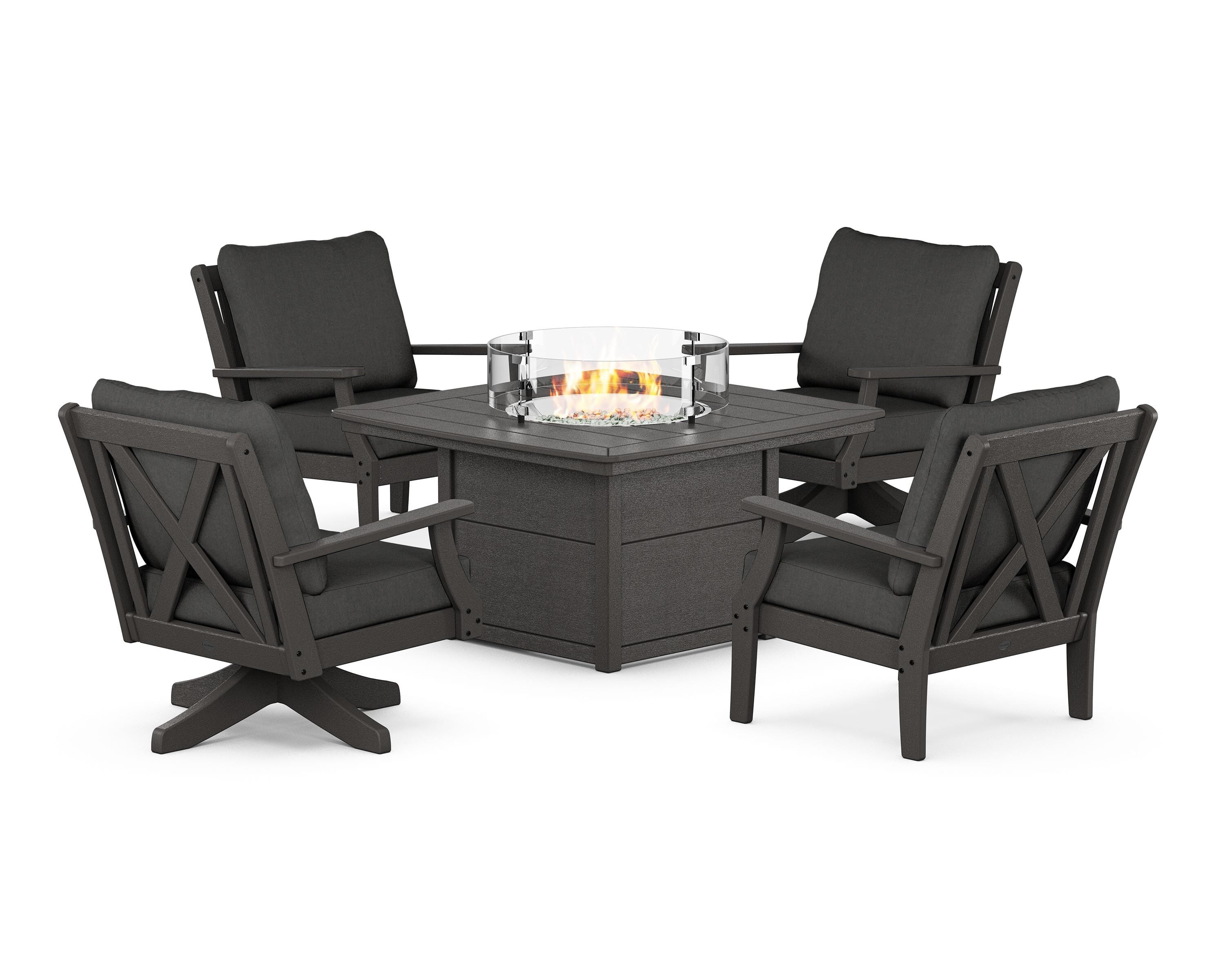 POLYWOOD® Braxton 5-Piece Deep Seating Set with Fire Table in Vintage Coffee / Spectrum Carbon