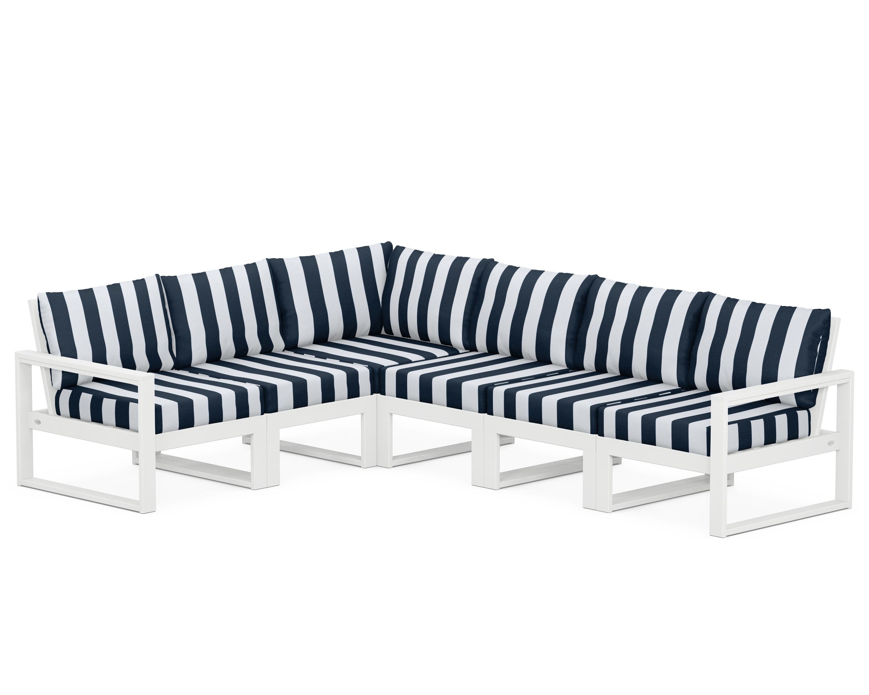 POLYWOOD® EDGE 6-Piece Modular Deep Seating Set in White / Cabana Stripe Marine Indigo