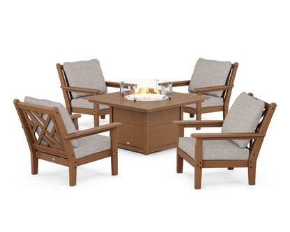 POLYWOOD® Chippendale 5-Piece Deep Seating Set with Fire Pit Table in Teak / Weathered Tweed