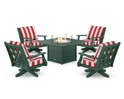 Country Living Wovendale 5-Piece Deep Seating Swivel Conversation Set with Fire Pit Table in Green / Cabana Stripe Crimson