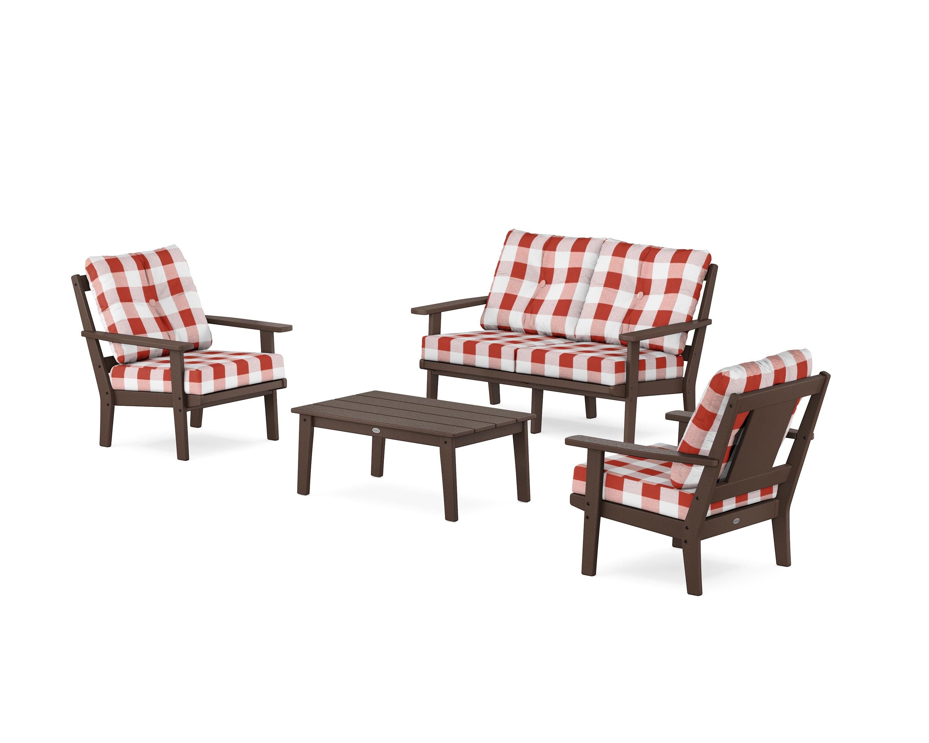 POLYWOOD® Prairie 4-Piece Deep Seating Set with Loveseat in Mahogany / Buffalo Plaid Crimson