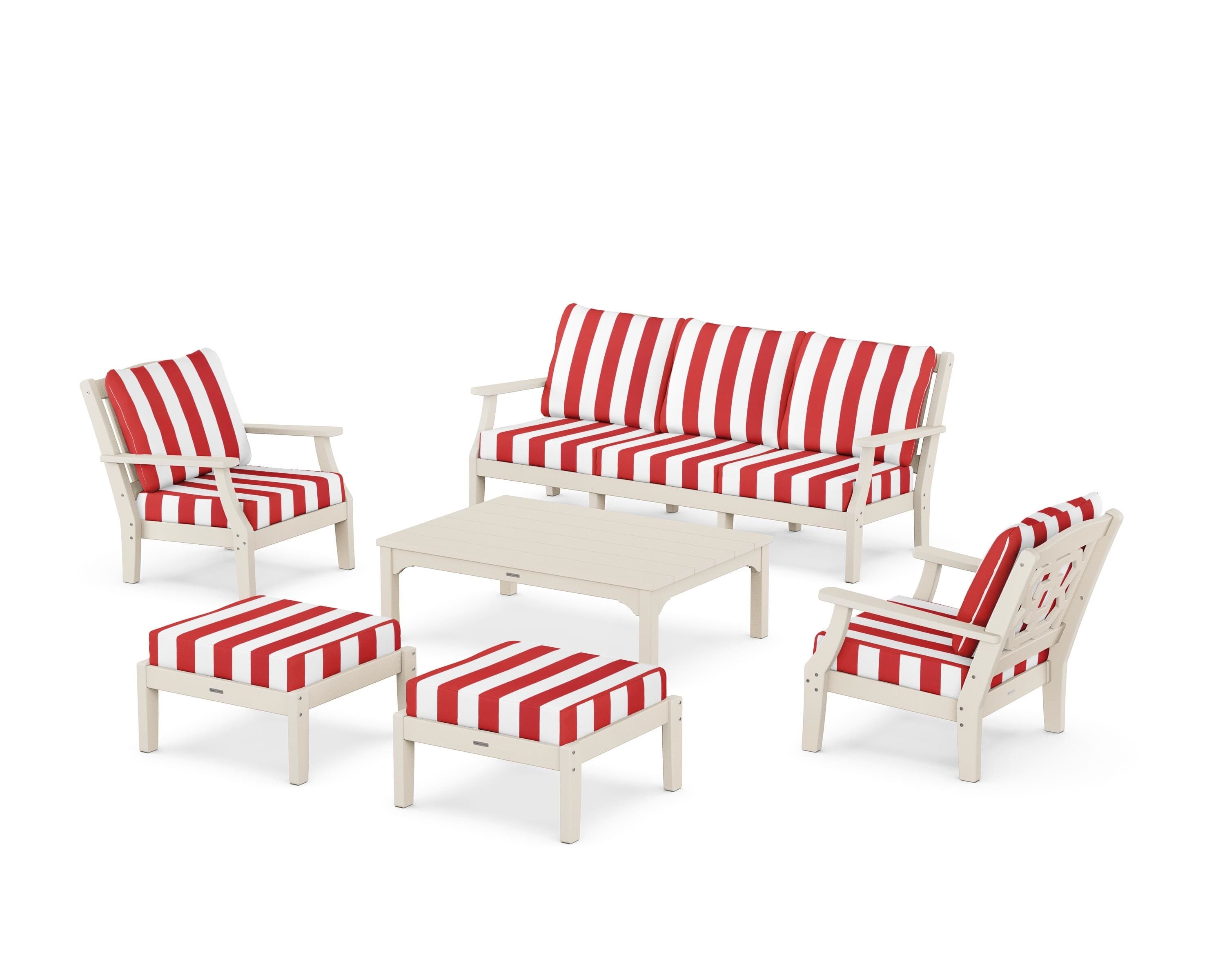 Martha Stewart by POLYWOOD® Chinoiserie 6-Piece Lounge Sofa Set in Sand / Cabana Stripe Crimson