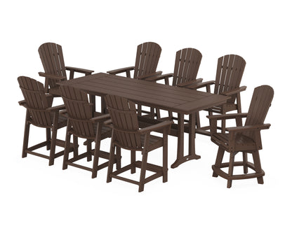 POLYWOOD® Nautical Curveback Adirondack Swivel Chair 9-Piece Farmhouse Counter Set with Trestle Legs in Mahogany