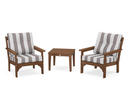 POLYWOOD® Vineyard 3-Piece Deep Seating Set in Teak / Cabana Stripe Grey Mist