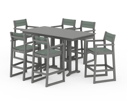 POLYWOOD® EDGE Sling Arm Chair 7-Piece Farmhouse Bar Set in Slate Grey / Dupioni Sea Mist Sling