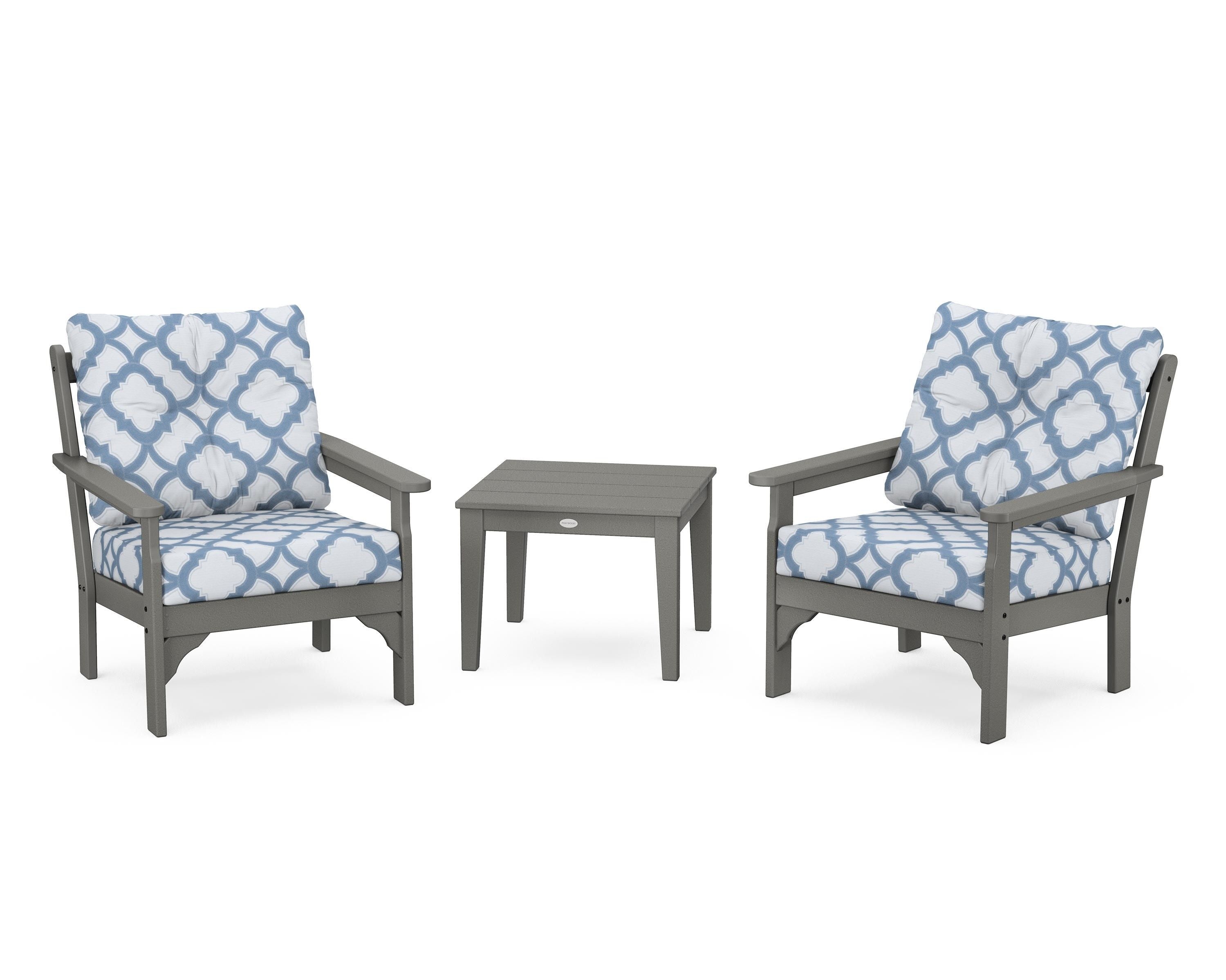 POLYWOOD® Vineyard 3-Piece Deep Seating Set in Slate Grey / Trellis Sky Blue