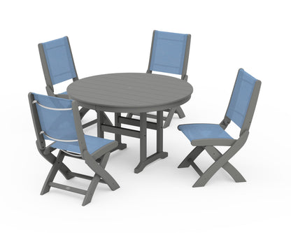 POLYWOOD® Coastal Folding Side Chair 5-Piece Round Dining Set in Slate Grey / Poolside Sling