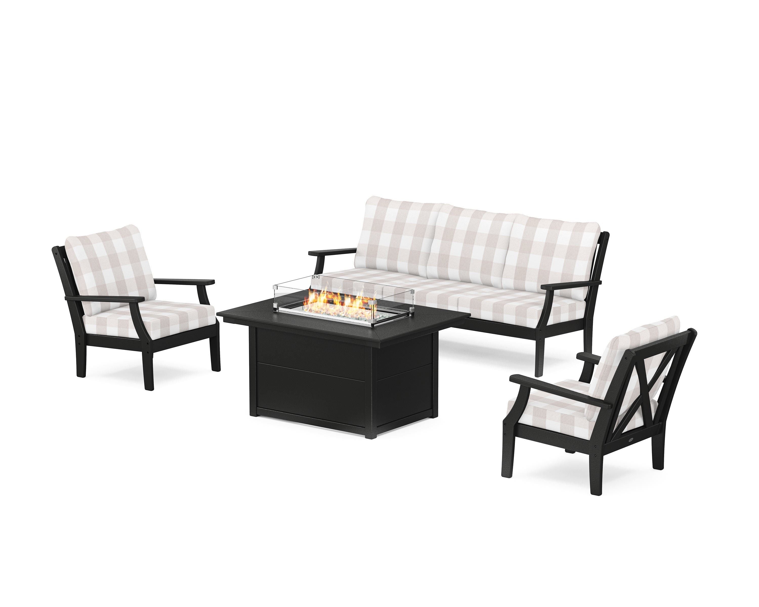 POLYWOOD® Braxton Deep Seating Fire Pit Table Set in Black / Buffalo Plaid Dune Burlap