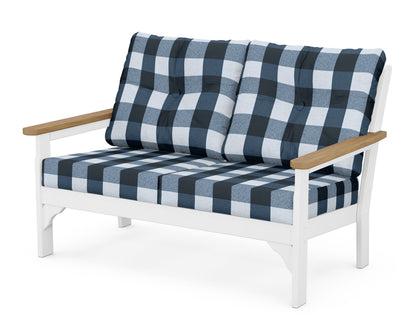 POLYWOOD® Vineyard Deep Seating Loveseat in White / Natural / Buffalo Plaid Marine Indigo