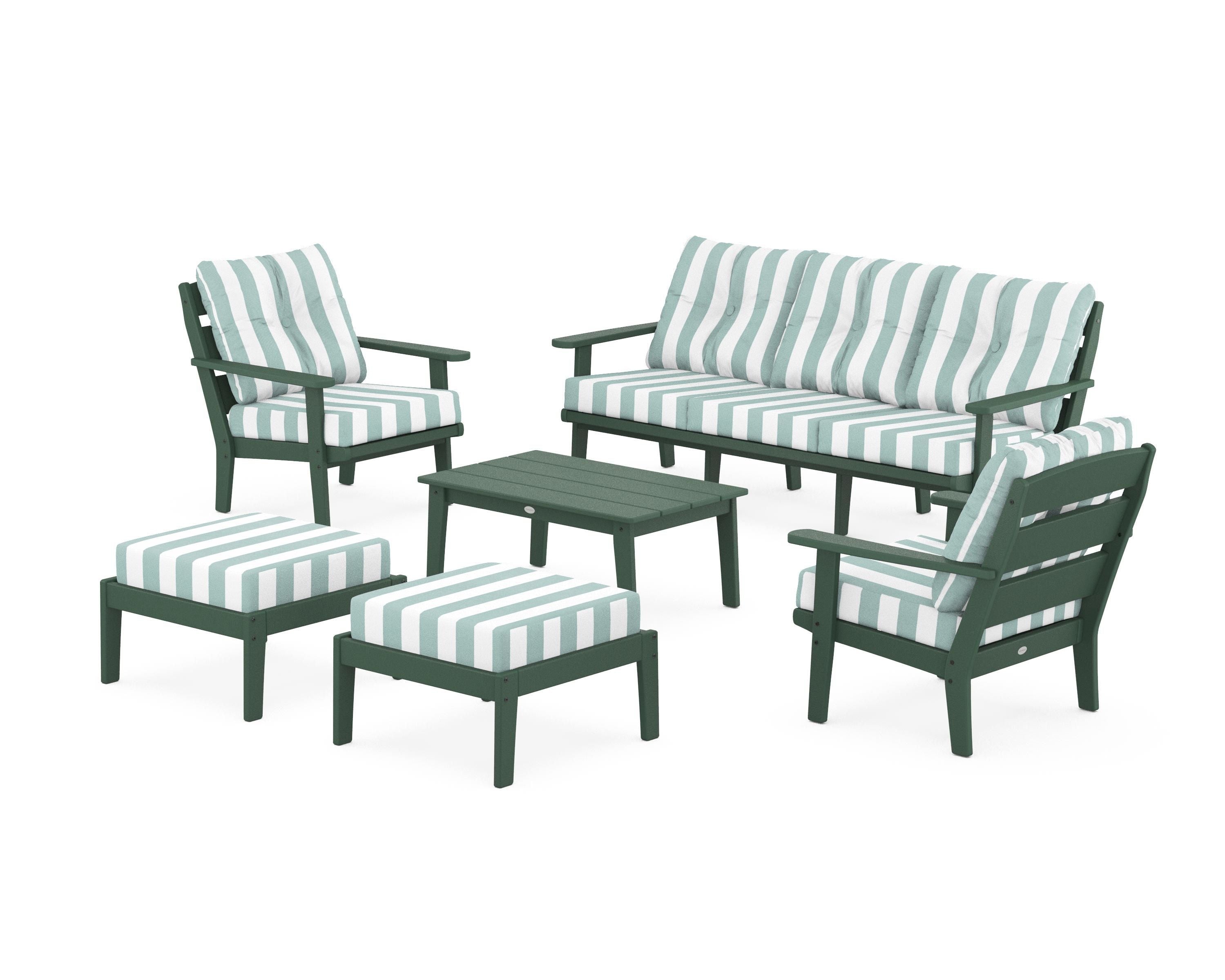 POLYWOOD® Lakeside 6-Piece Lounge Sofa Set in Green / Cabana Stripe Glacier Spa