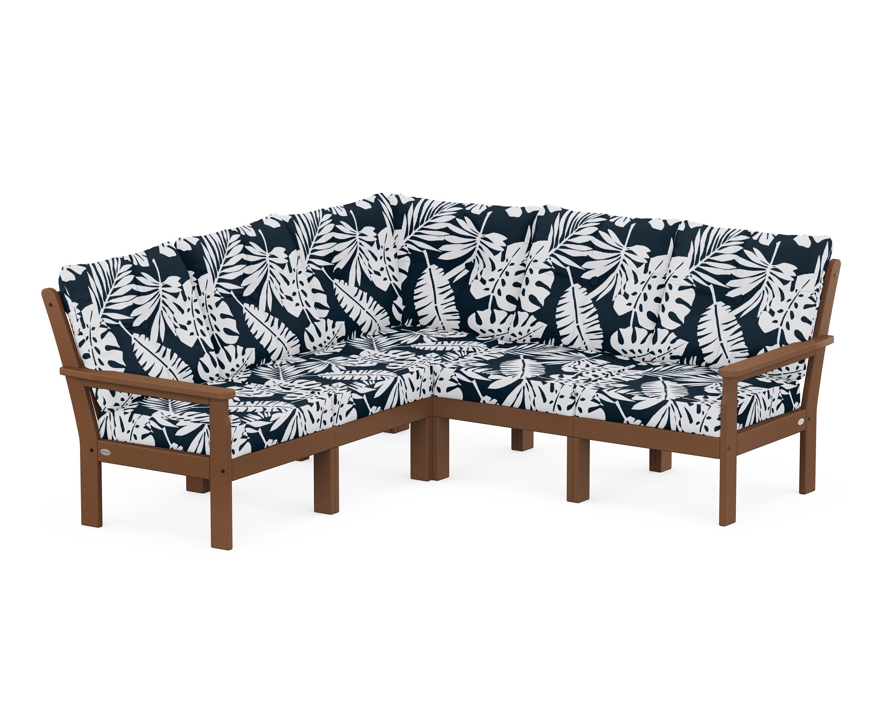 POLYWOOD® Vineyard 5-Piece Sectional in Teak / Leaf Marine Indigo