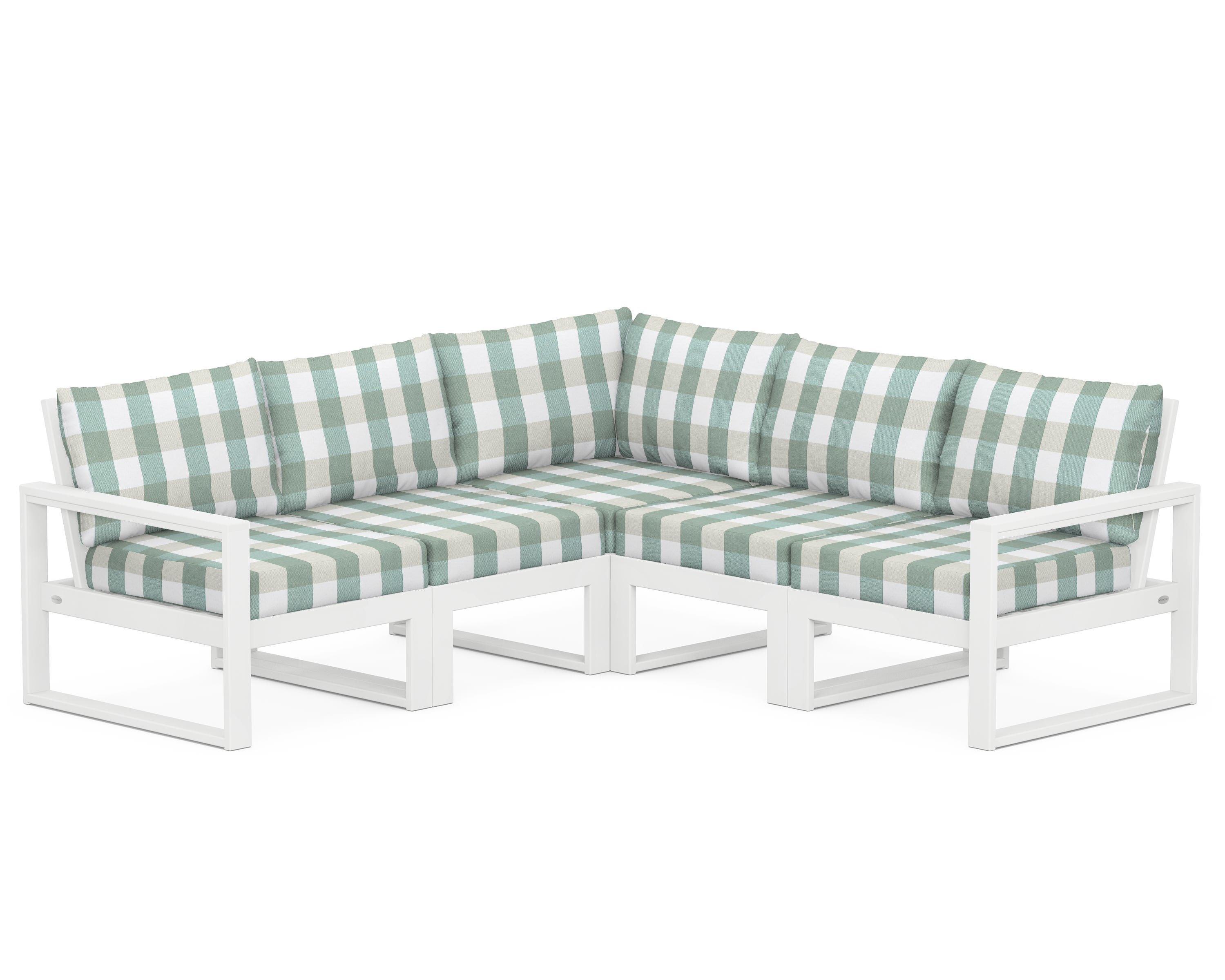 POLYWOOD® EDGE 5-Piece Modular Deep Seating Set in White / Buffalo Plaid Glacier Spa