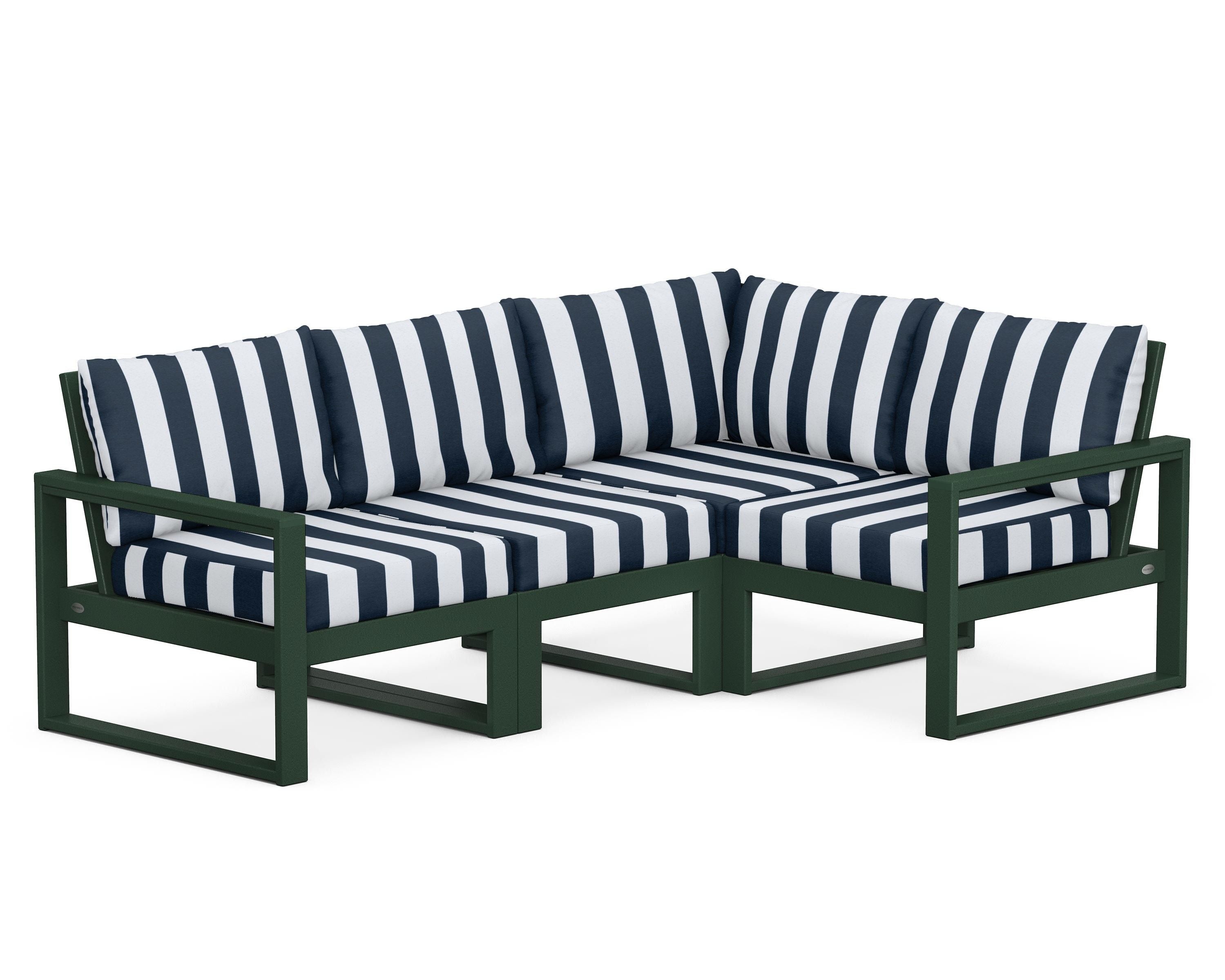 POLYWOOD® EDGE 4-Piece Modular Deep Seating Set in Green / Cabana Stripe Marine Indigo