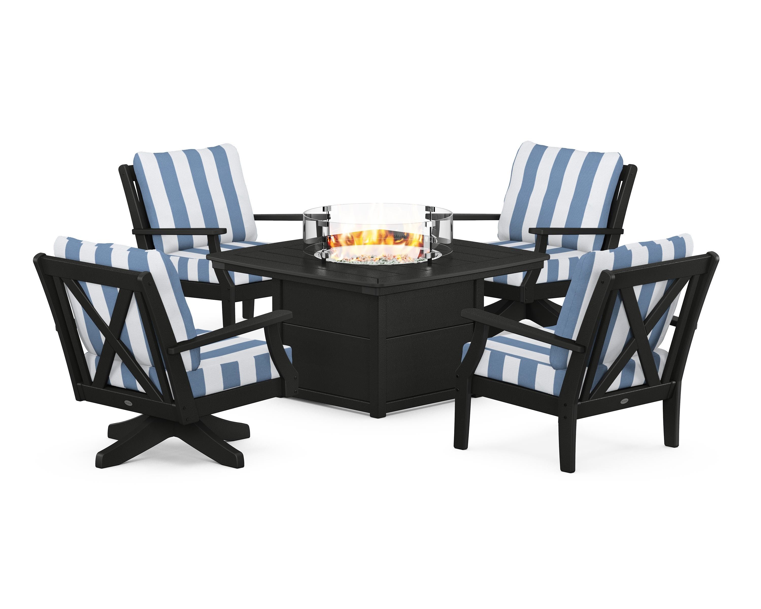 POLYWOOD® Braxton 5-Piece Deep Seating Set with Fire Table in Black / Cabana Stripe Sky Blue