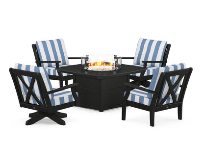 POLYWOOD® Braxton 5-Piece Deep Seating Set with Fire Table in Black / Cabana Stripe Sky Blue