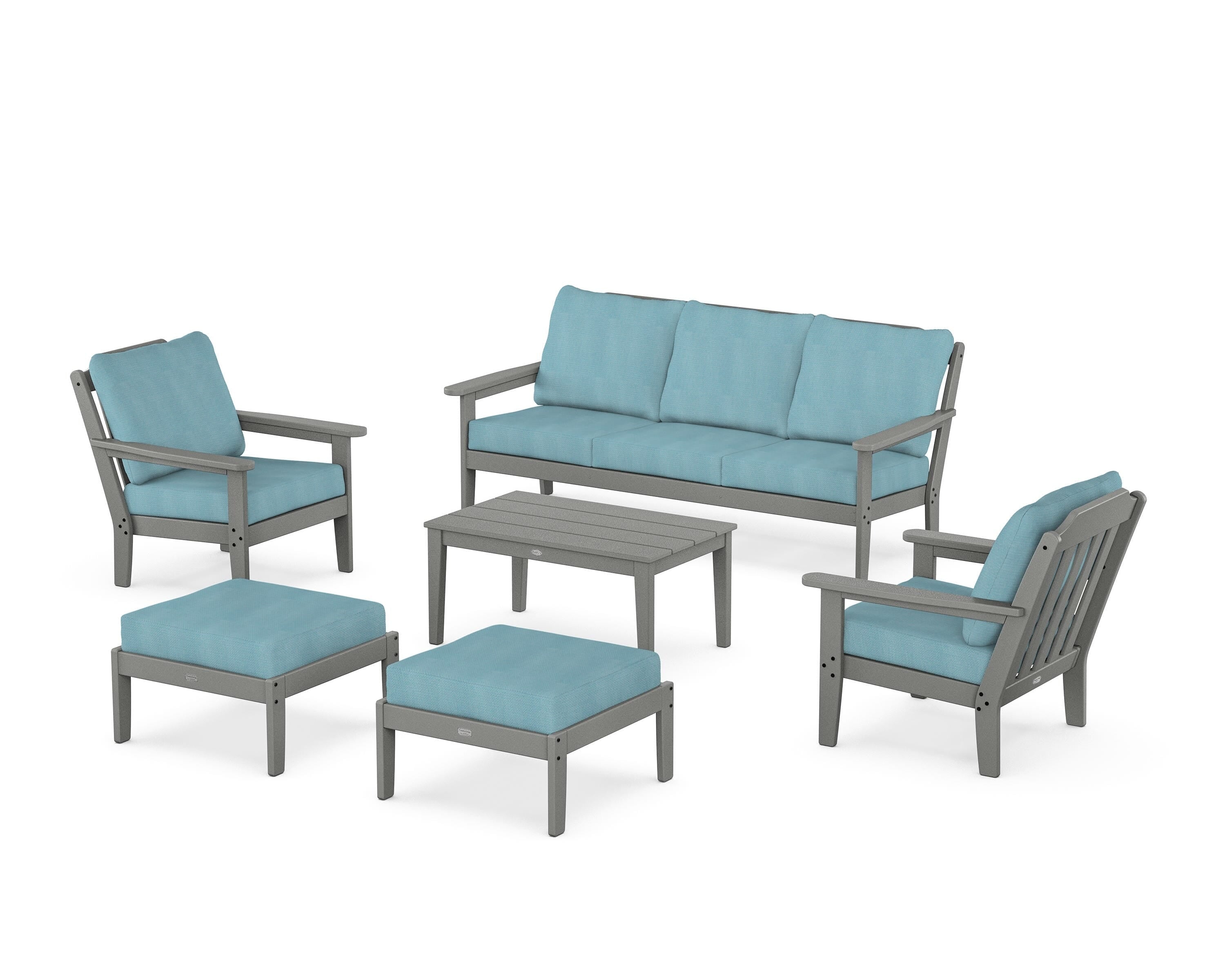 Country Living Cottage 6-Piece Lounge Sofa Set in Slate Grey / Lattice Sky Blue