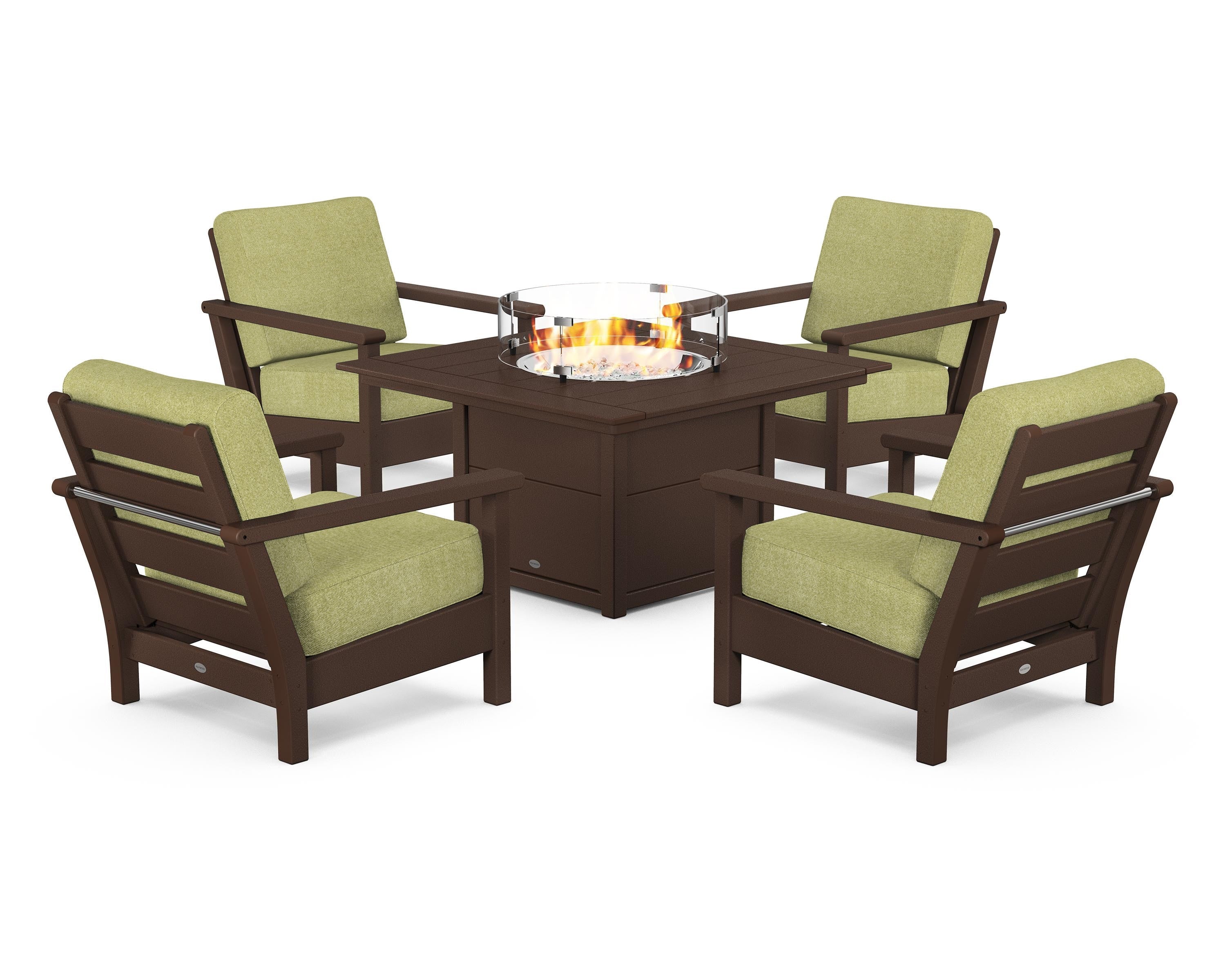 POLYWOOD® Harbour 5-Piece Conversation Set with Fire Pit Table in Mahogany / Chartreuse Boucle