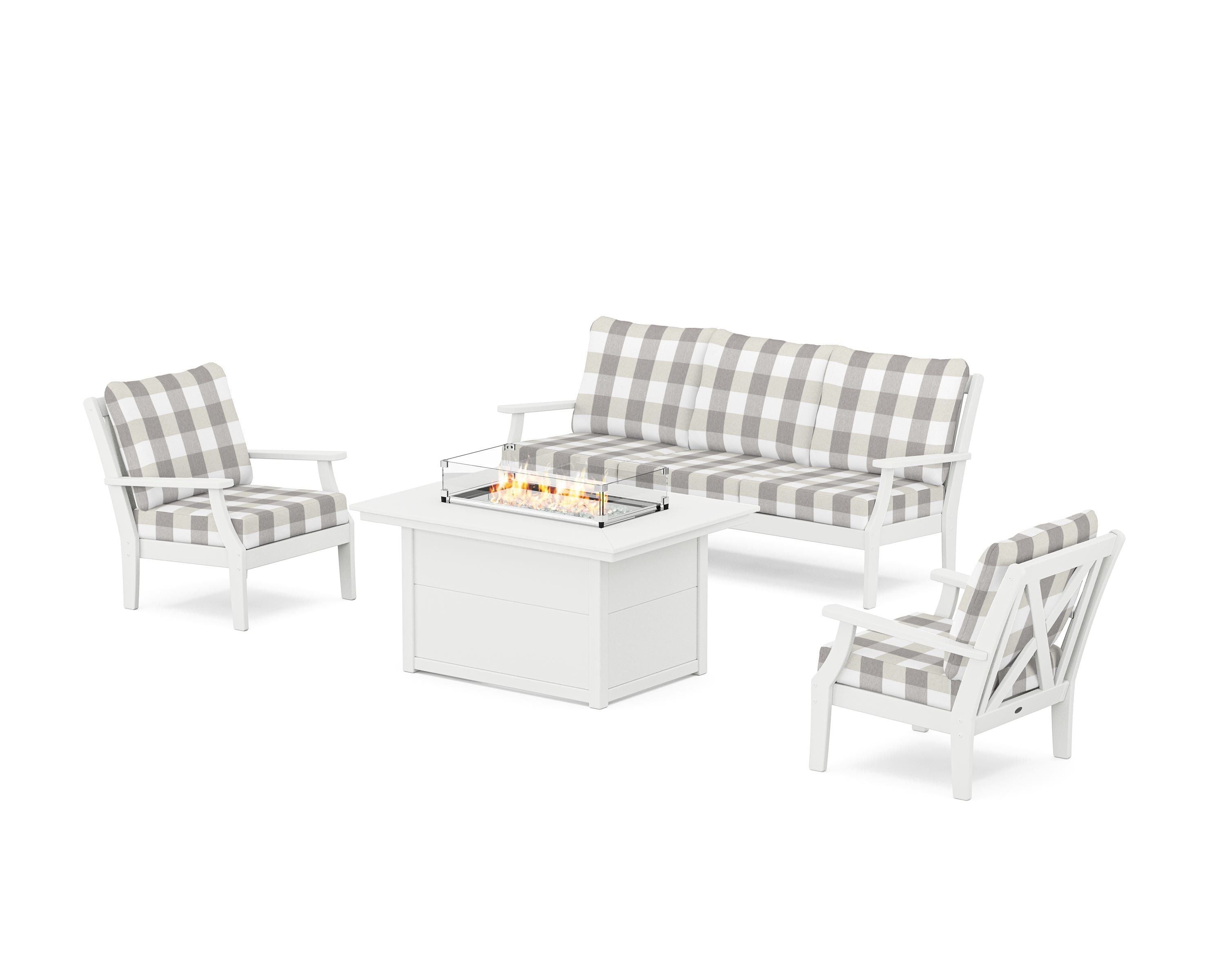 POLYWOOD® Braxton Deep Seating Fire Pit Table Set in White / Buffalo Plaid Grey Mist