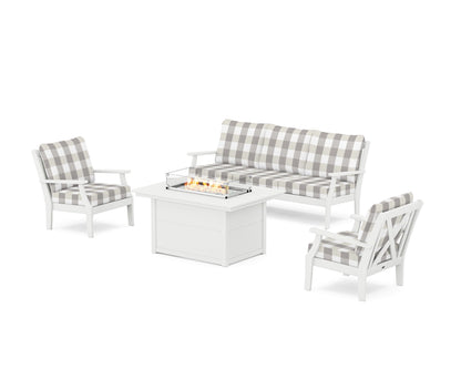 POLYWOOD® Braxton Deep Seating Fire Pit Table Set in White / Buffalo Plaid Grey Mist