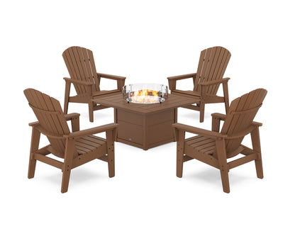 POLYWOOD® 5-Piece Nautical Grand Upright Adirondack Conversation Set with Fire Pit Table in Teak