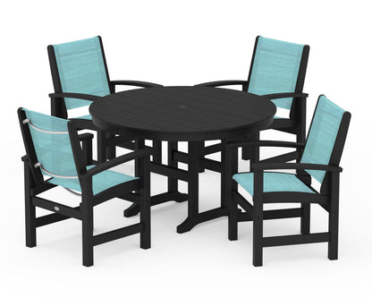 POLYWOOD® Coastal 5-Piece Round Farmhouse Dining Set in Black / Dupioni Aquamarine Sling