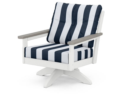 POLYWOOD® Vineyard Deep Seating Swivel Chair in White / Driftwood / Cabana Stripe Marine Indigo