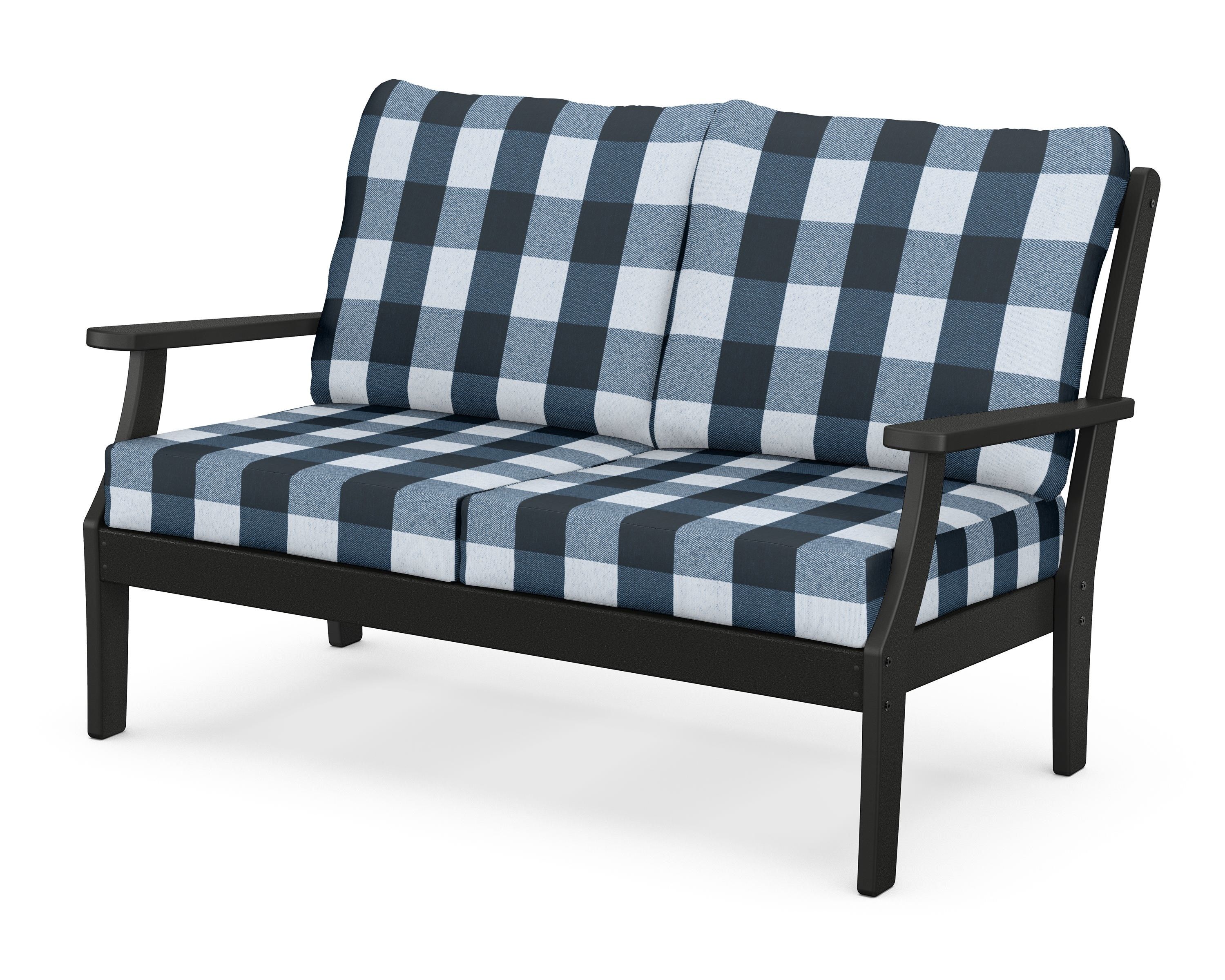 POLYWOOD® Braxton Deep Seating Loveseat in Black / Buffalo Plaid Marine Indigo