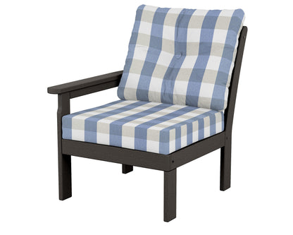 POLYWOOD® Vineyard Modular Left Arm Chair in Vintage Coffee / Buffalo Plaid Sky Blue