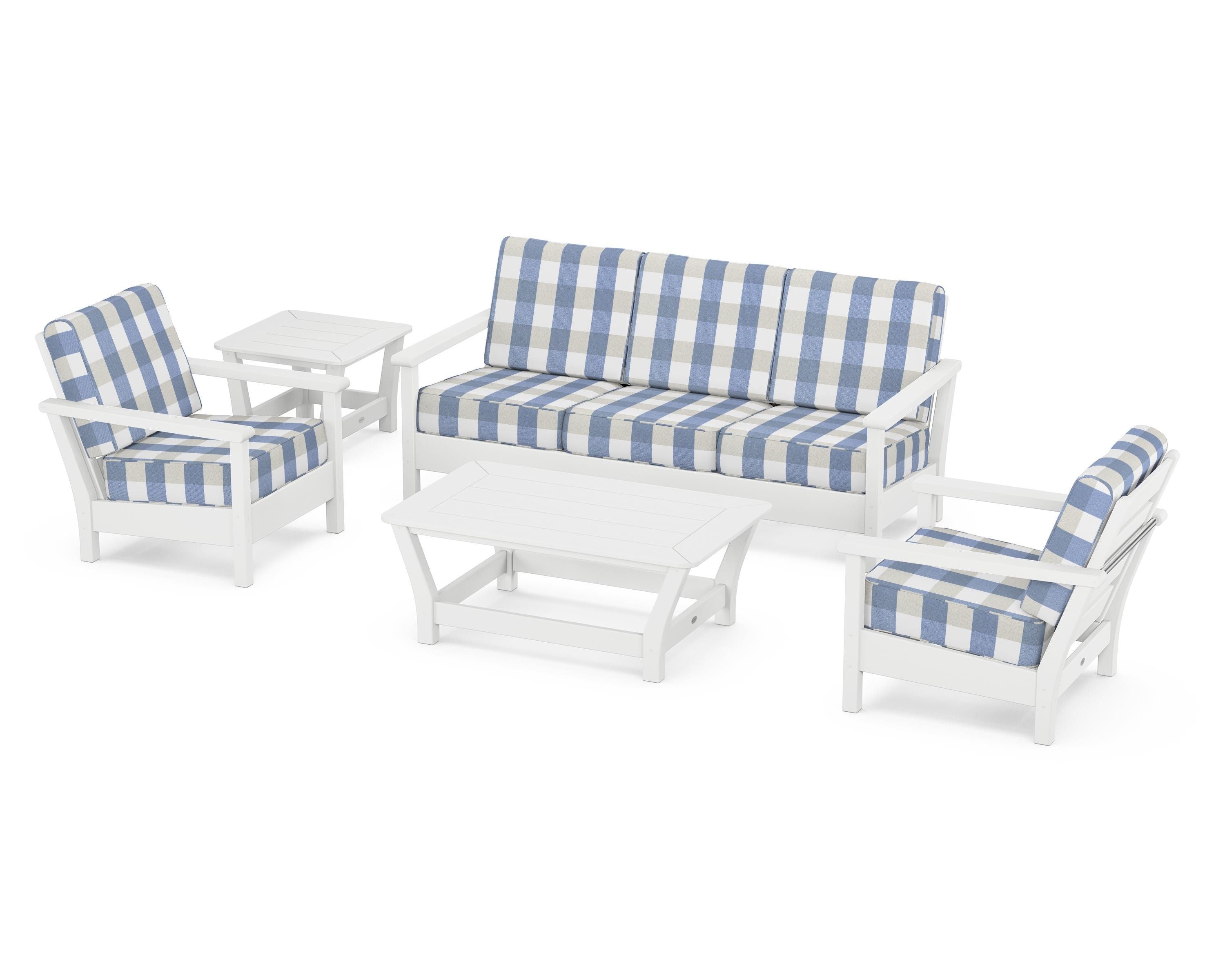 POLYWOOD® Harbour 5-Piece Deep Seating Set in White / Buffalo Plaid Sky Blue