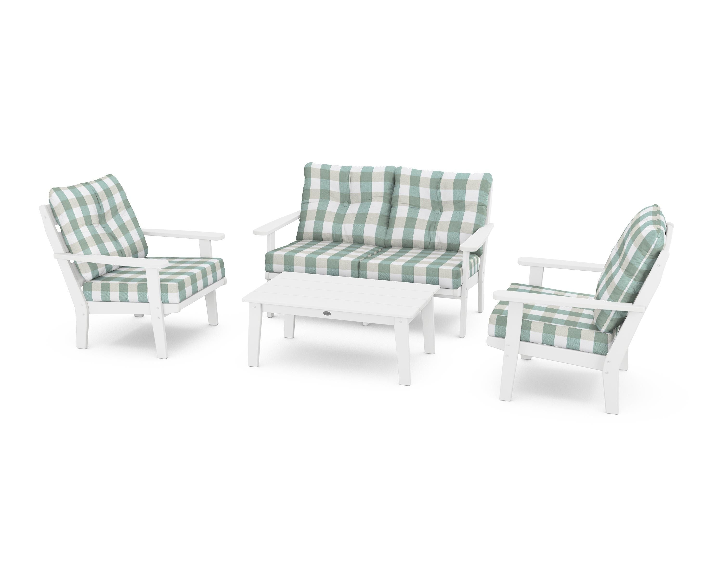 POLYWOOD® Lakeside 4-Piece Deep Seating Set in White / Buffalo Plaid Glacier Spa