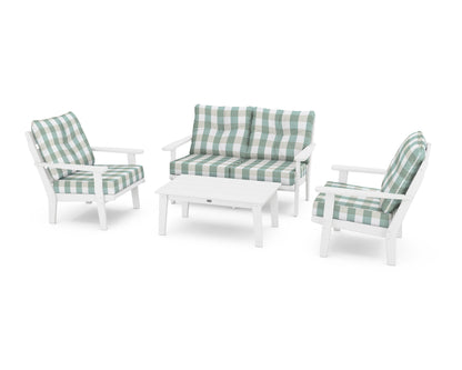 POLYWOOD® Lakeside 4-Piece Deep Seating Set in White / Buffalo Plaid Glacier Spa