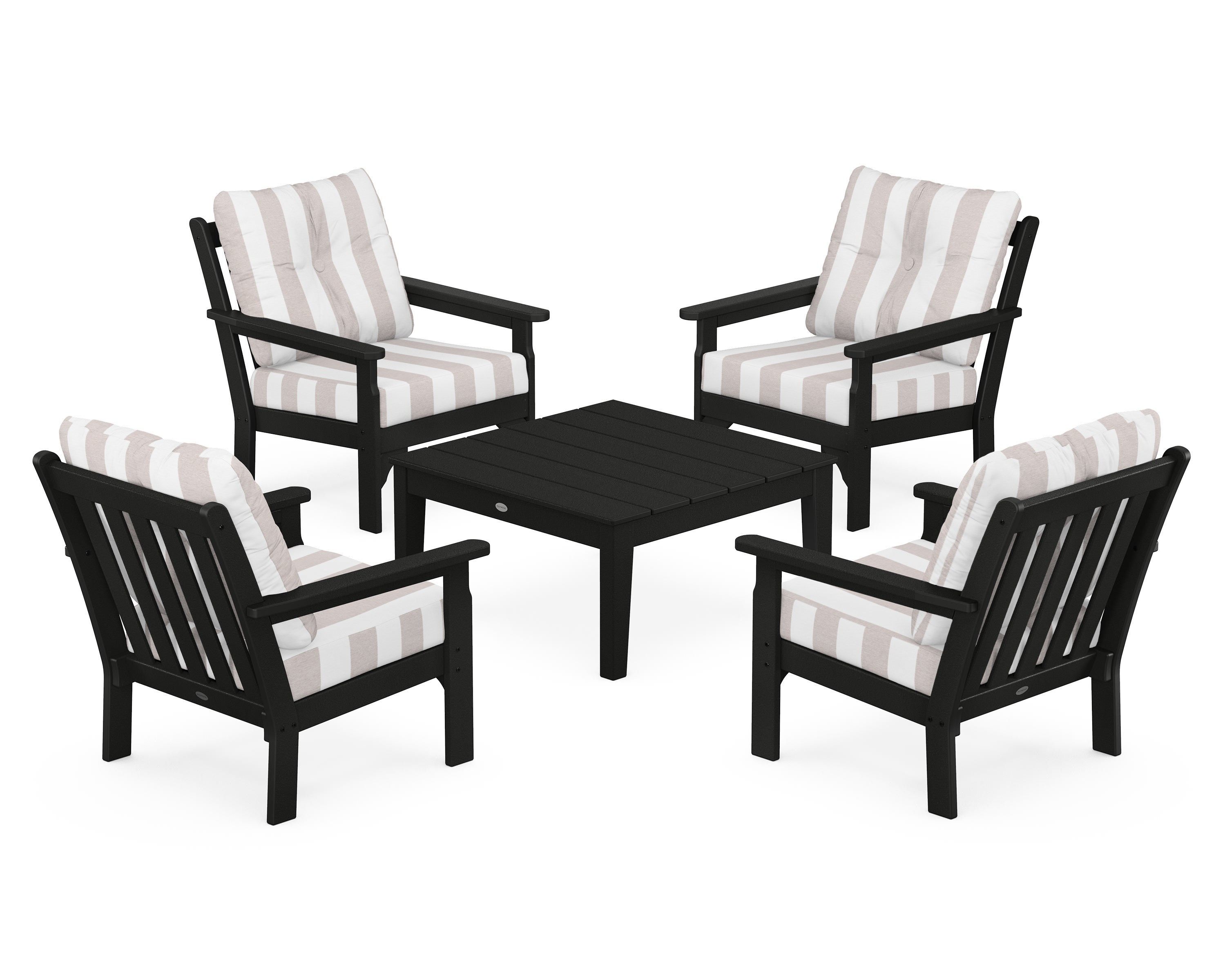 POLYWOOD® Vineyard 5-Piece Deep Seating Conversation Set in Black / Cabana Stripe Dune Burlap