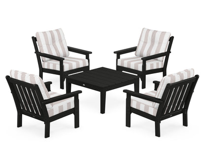 POLYWOOD® Vineyard 5-Piece Deep Seating Conversation Set in Black / Cabana Stripe Dune Burlap