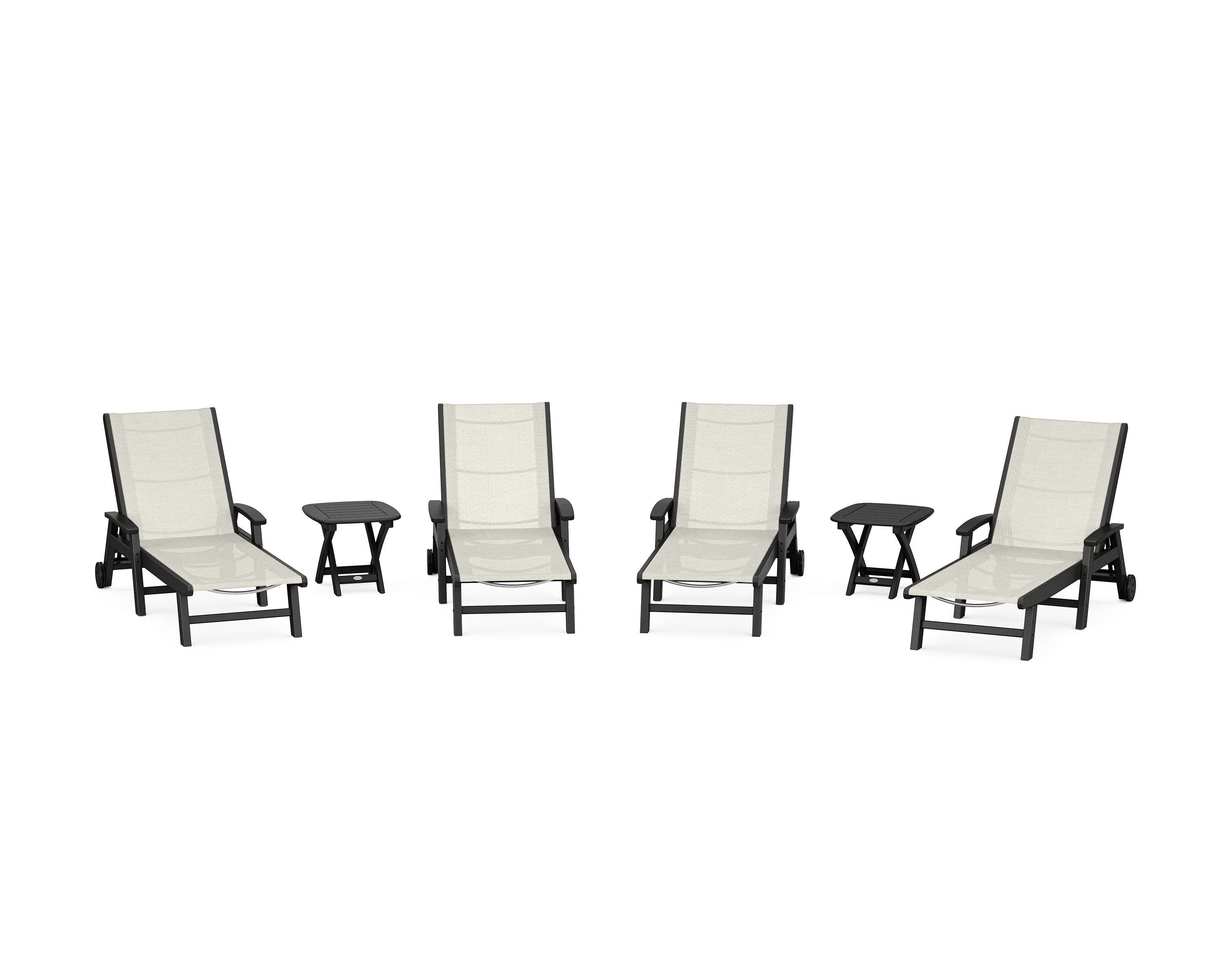 POLYWOOD® Coastal Chaise 6-Piece Set with Wheels in Black / Parchment Sling
