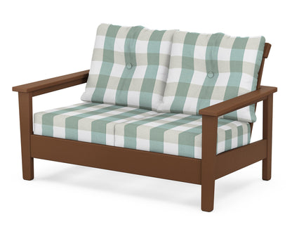 POLYWOOD® Prescott Deep Seating Loveseat in Teak / Buffalo Plaid Glacier Spa