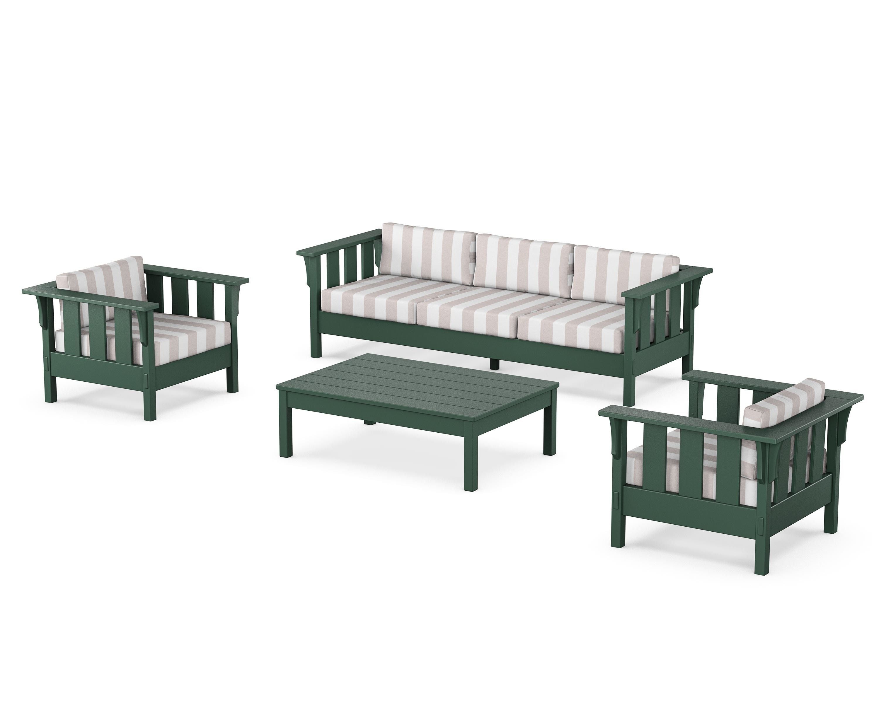 Martha Stewart by POLYWOOD® Acadia 4-Piece Deep Seating Set with Sofa in Green / Cabana Stripe Dune Burlap